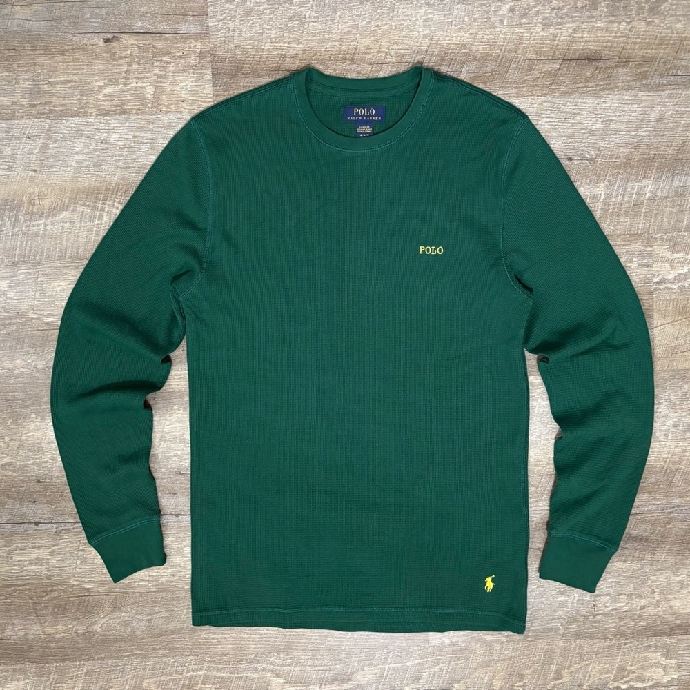 Polo Ralph Lauren Thermal Shirt Men's M Green Waffle Knit Long Sleeve Cotton